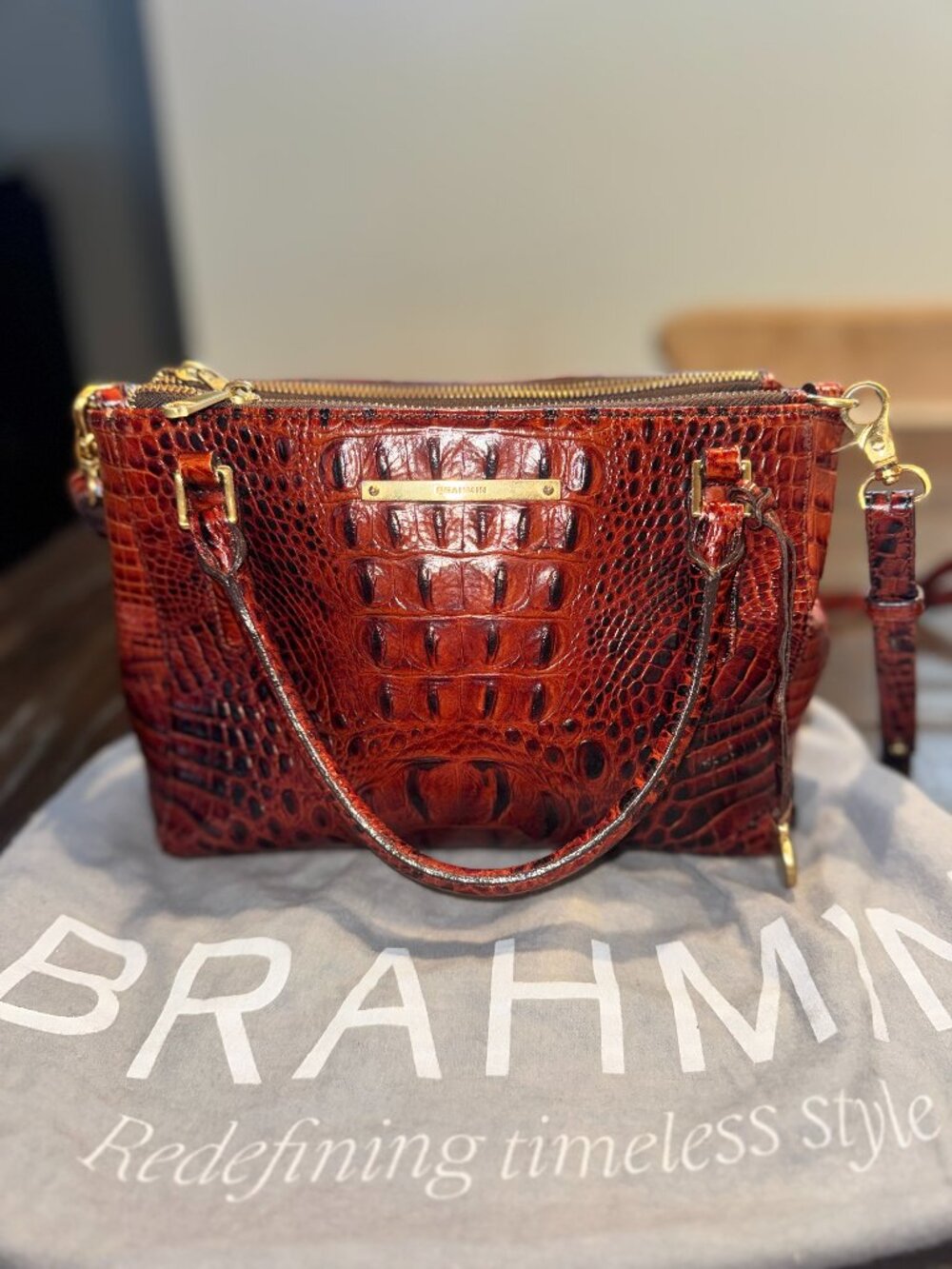 Brahmin Red Croc Embossed Leather Double Zip Crossbody Satchel